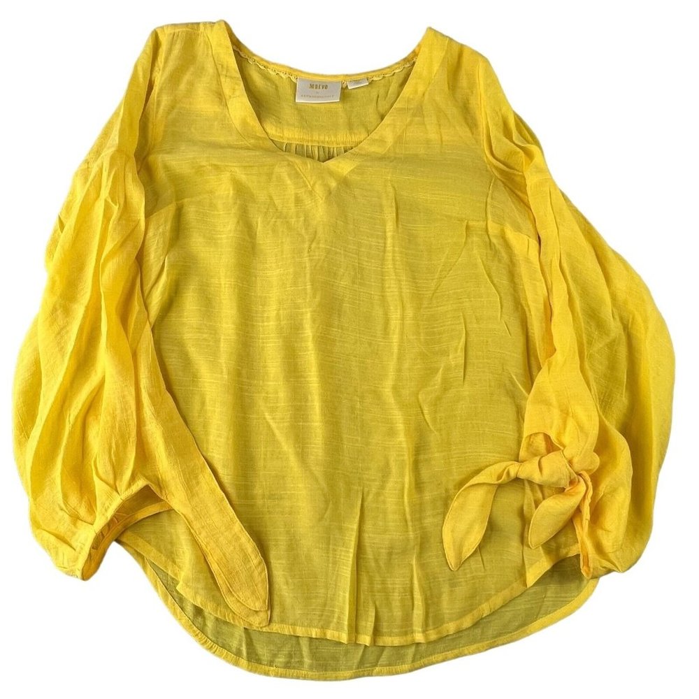 Maeve Anthropologie Verona‎ Blouse Size XS Yellow Tie Balloon Sleeve V-Neckline
